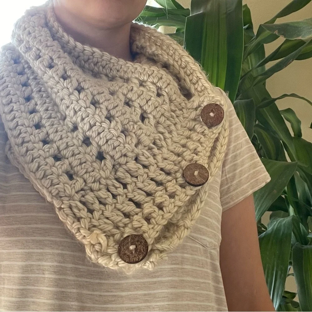 Chunky Knit Beige Cowl Scarf Three Button Hand Knit Boho Hygge Scandi Girl